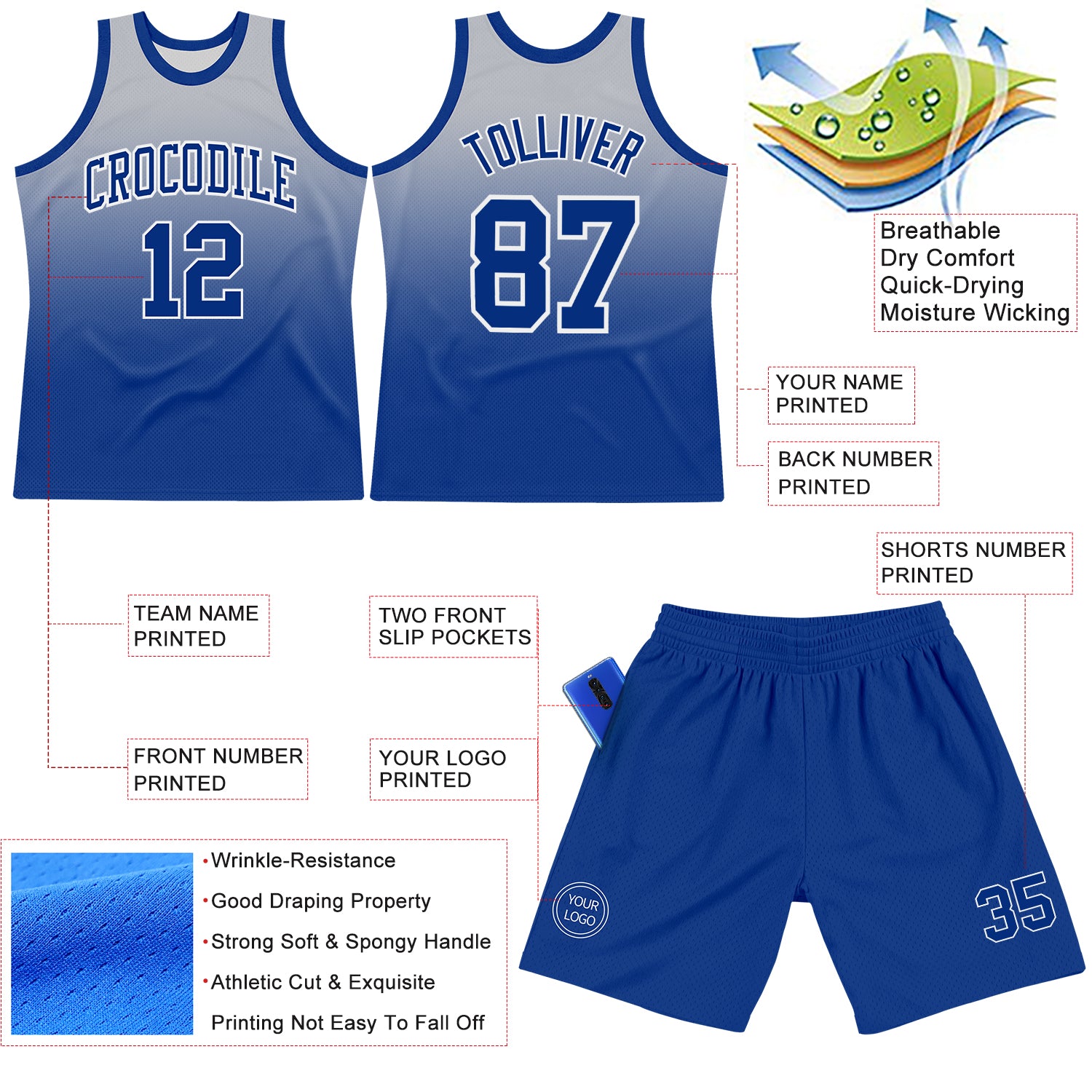 Custom Gray Royal-White Fade Fashion Round Neck Sublimation Basketball Suit Jersey