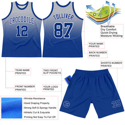 Custom Gray Royal-White Fade Fashion Round Neck Sublimation Basketball Suit Jersey