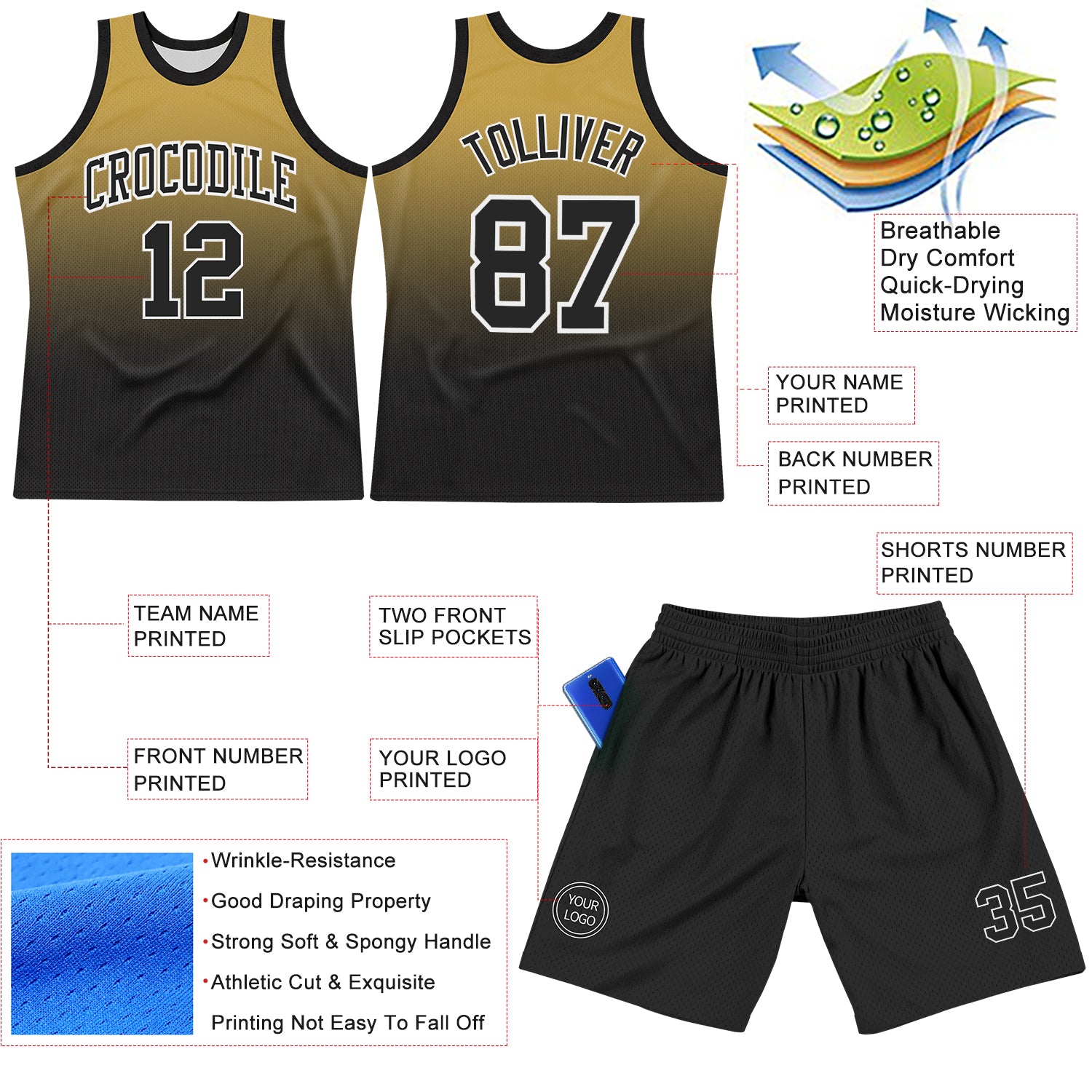 Custom Old Gold Black-White Fade Fashion Round Neck Sublimation Basketball Suit Jersey