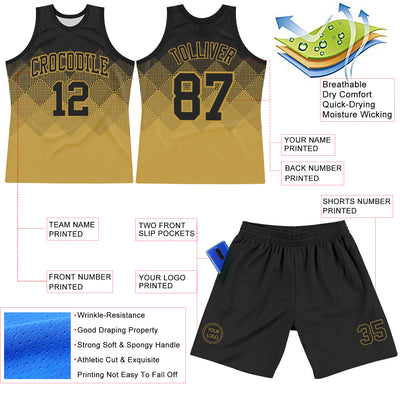 Custom Black Old Gold Gradient Square Shapes Round Neck Sublimation Basketball Suit Jersey