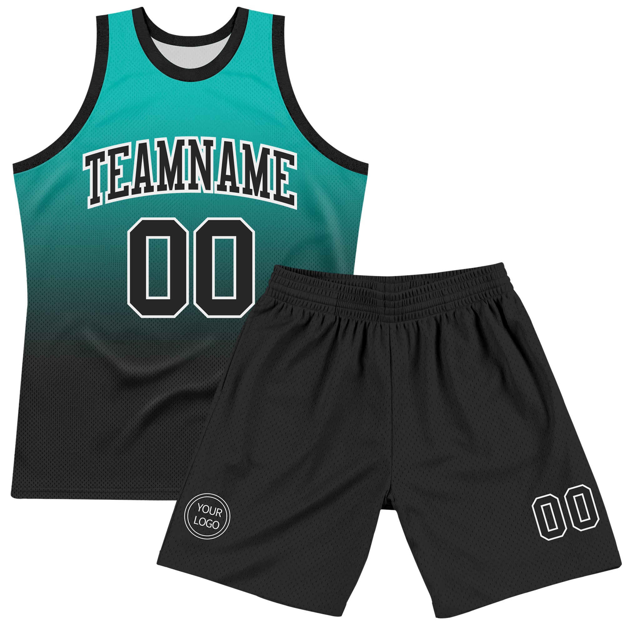 Custom Aqua Black-White Fade Fashion Round Neck Sublimation Basketball Suit Jersey