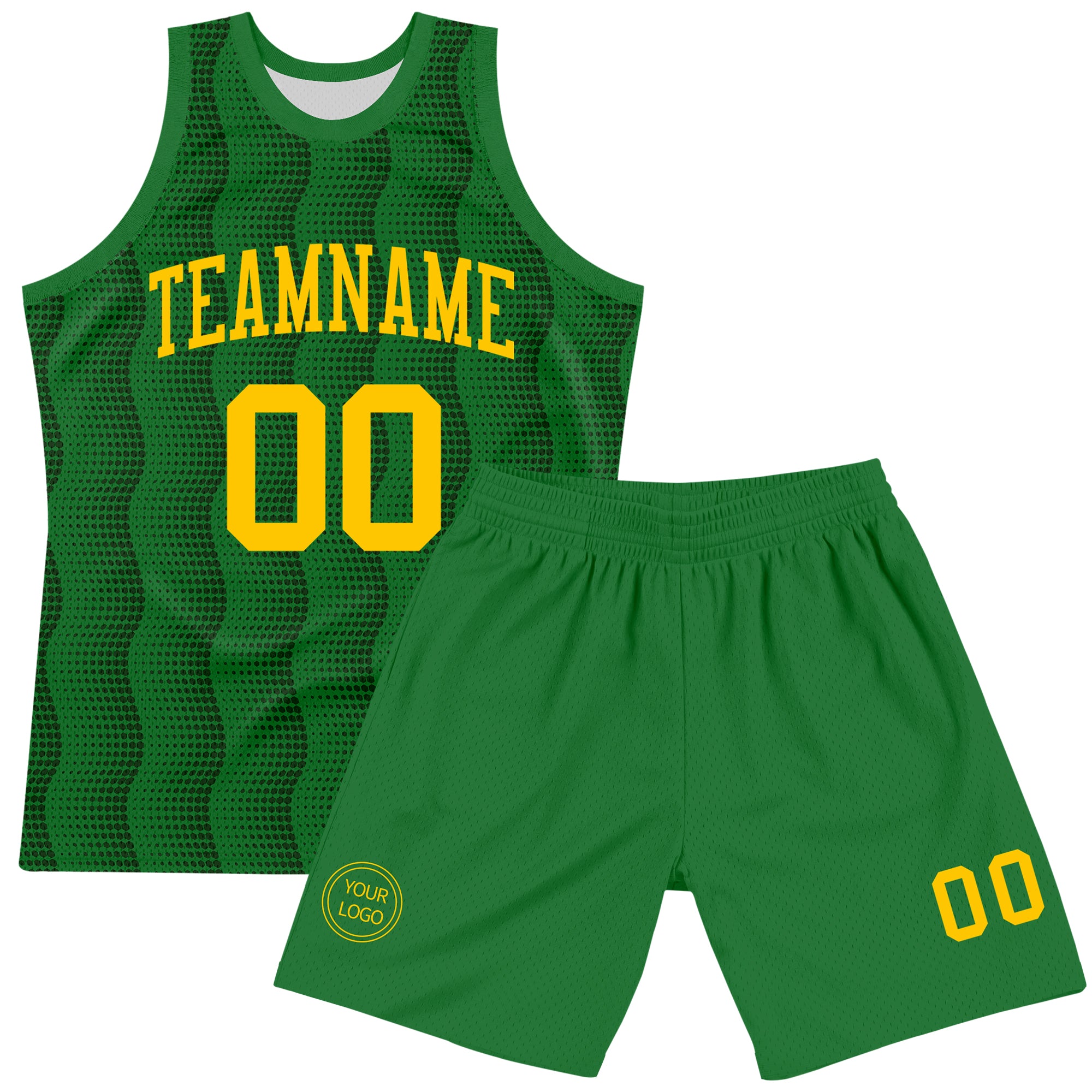 Custom Kelly Green Yellow Geometric Shape Round Neck Sublimation Basketball Suit Jersey