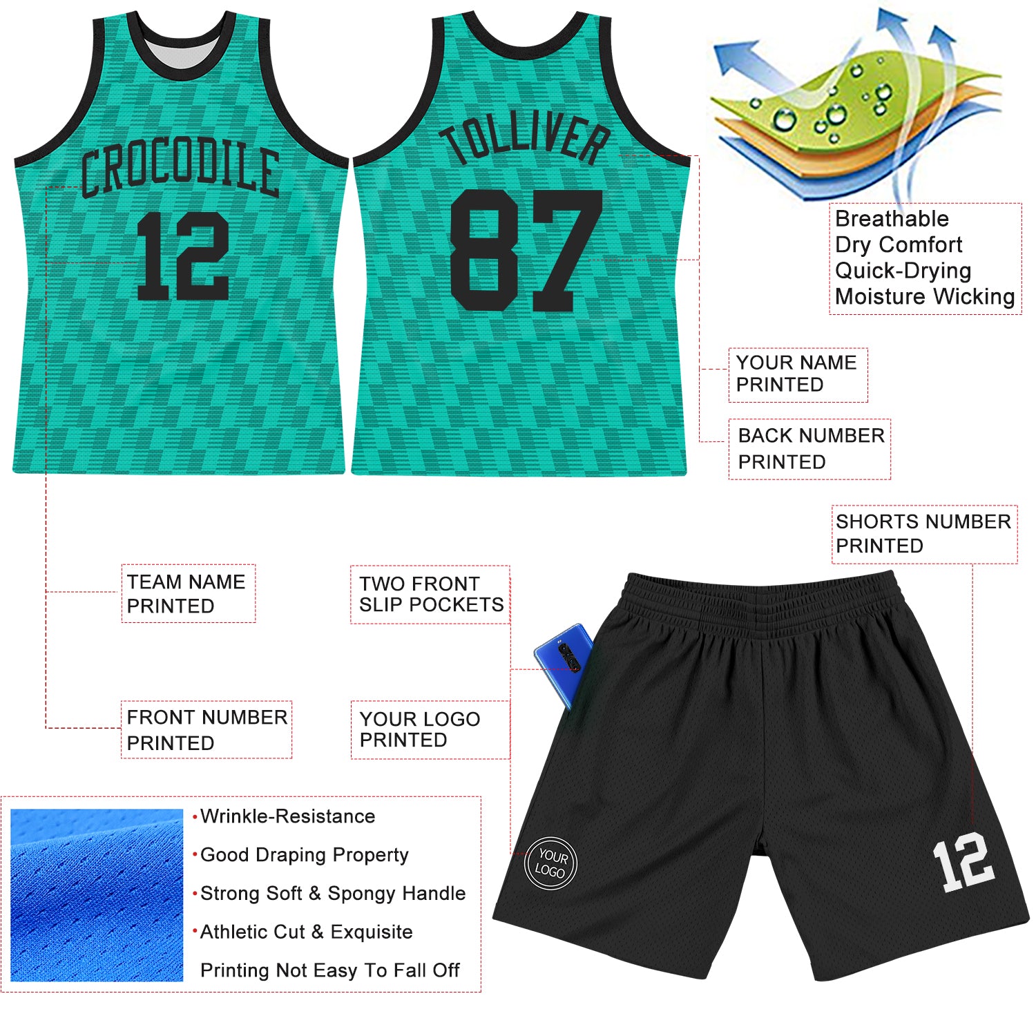 Custom Teal White Line Round Neck Sublimation Basketball Suit Jersey