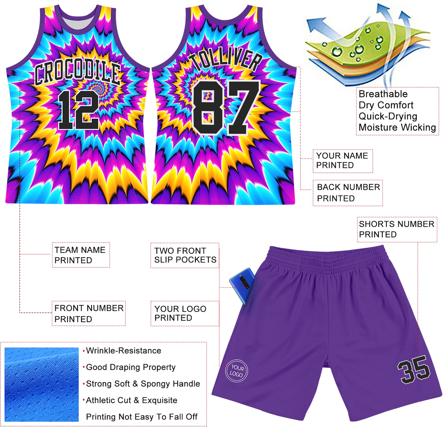 Custom Tie Dye Black-White Round Neck Sublimation Basketball Suit Jersey