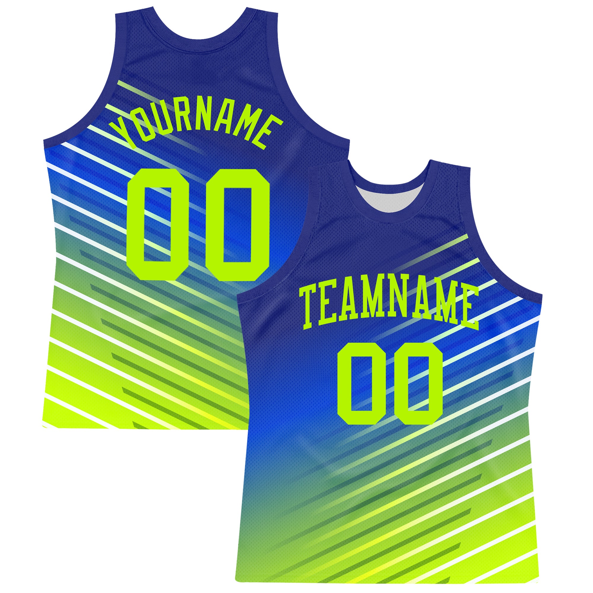 Custom Royal Neon Green-White Line Round Neck Sublimation Basketball Suit Jersey