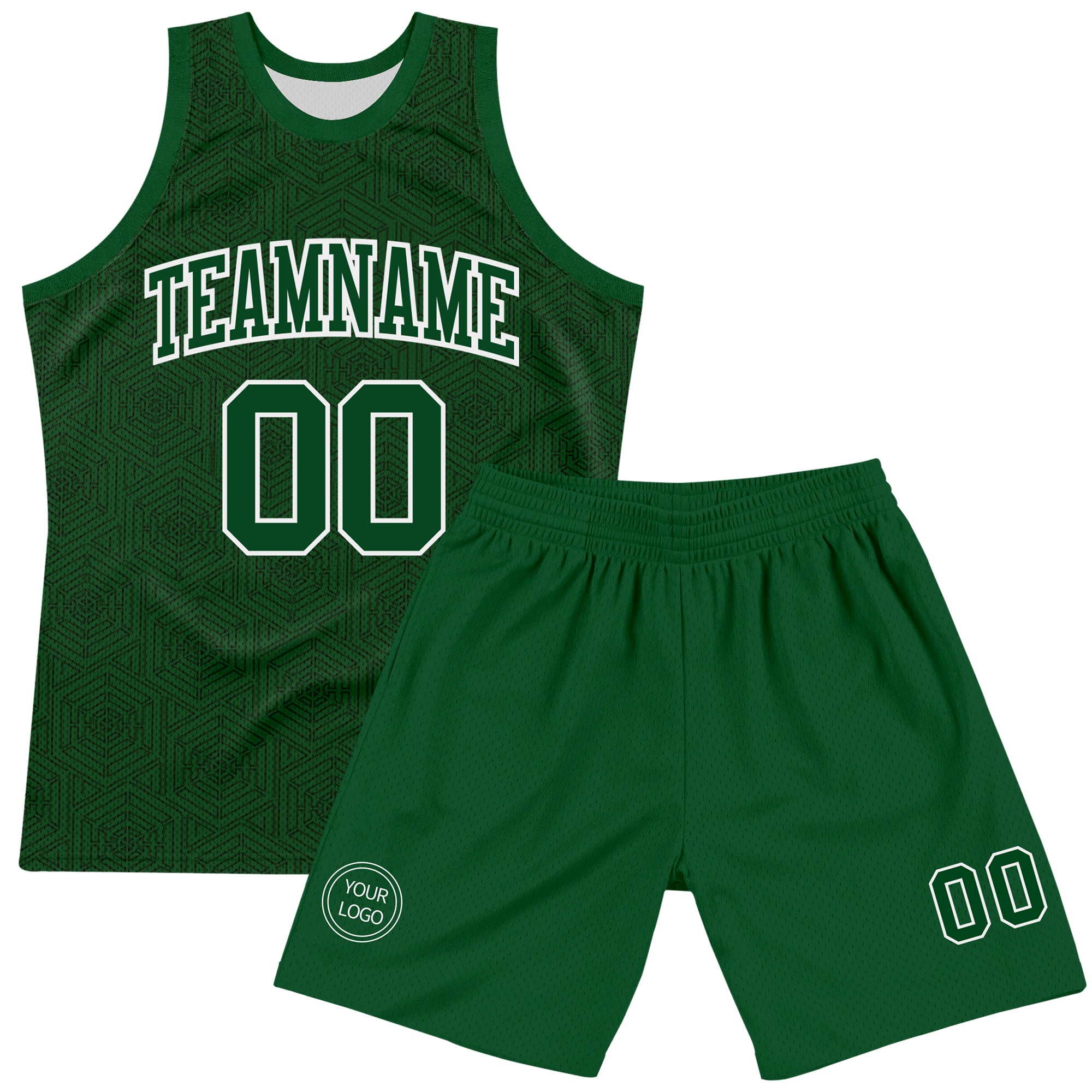 Custom Green White Geometric Shape Round Neck Sublimation Basketball Suit Jersey
