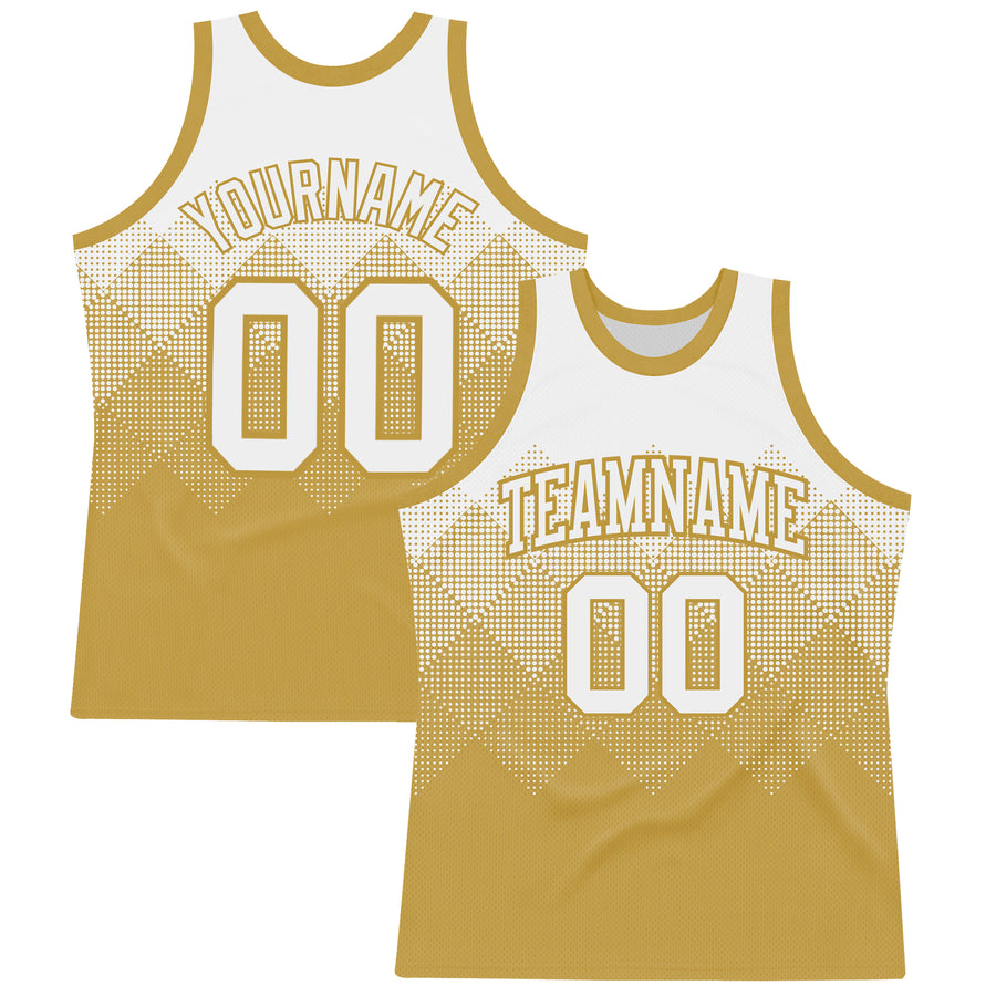 Custom White Old Gold Gradient Square Shapes Round Neck Sublimation Basketball Suit Jersey