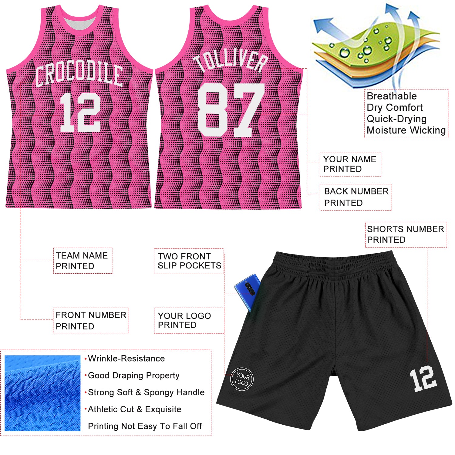 Custom Pink White-Black Geometric Shape Round Neck Sublimation Basketball Suit Jersey