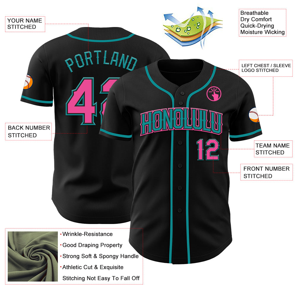 Custom Black Pink-Teal Authentic Baseball Jersey