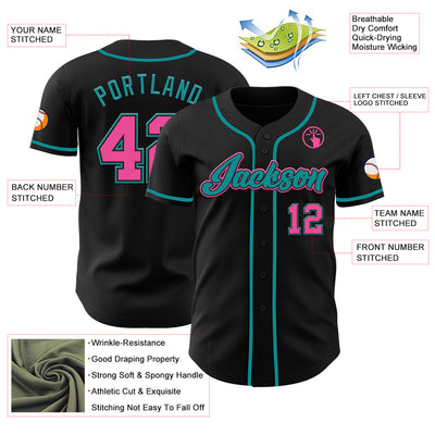 Custom Black Pink-Teal Authentic Baseball Jersey