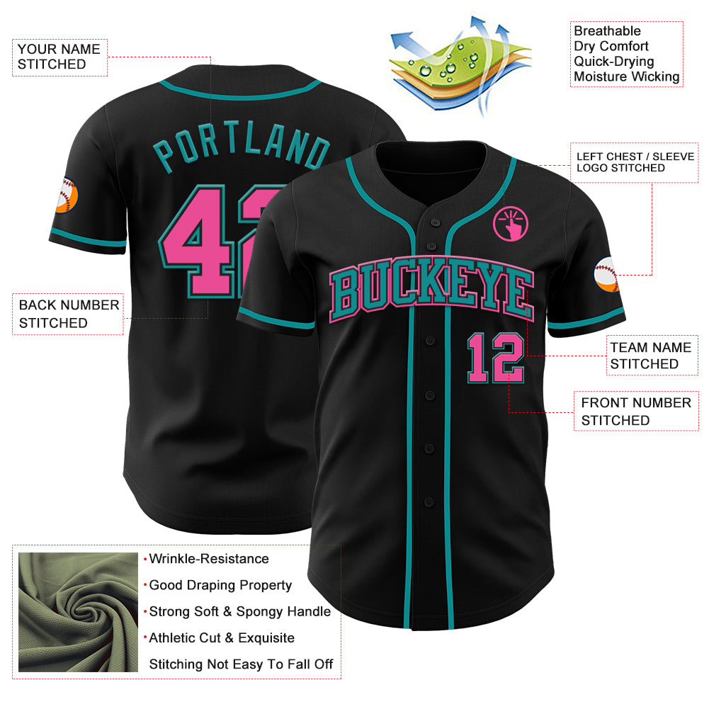 Custom Black Pink-Teal Authentic Baseball Jersey