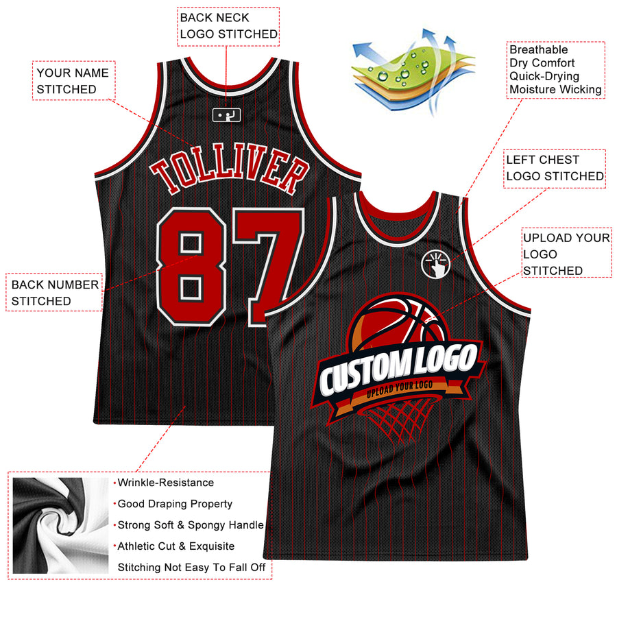 Custom Black Red Pinstripe White Authentic Basketball Jersey