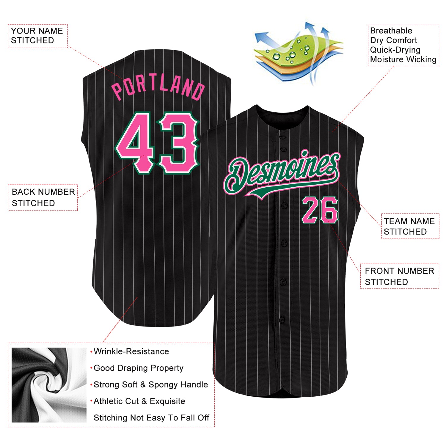 Custom Black White Pinstripe Pink-Kelly Green Authentic Sleeveless Baseball Jersey