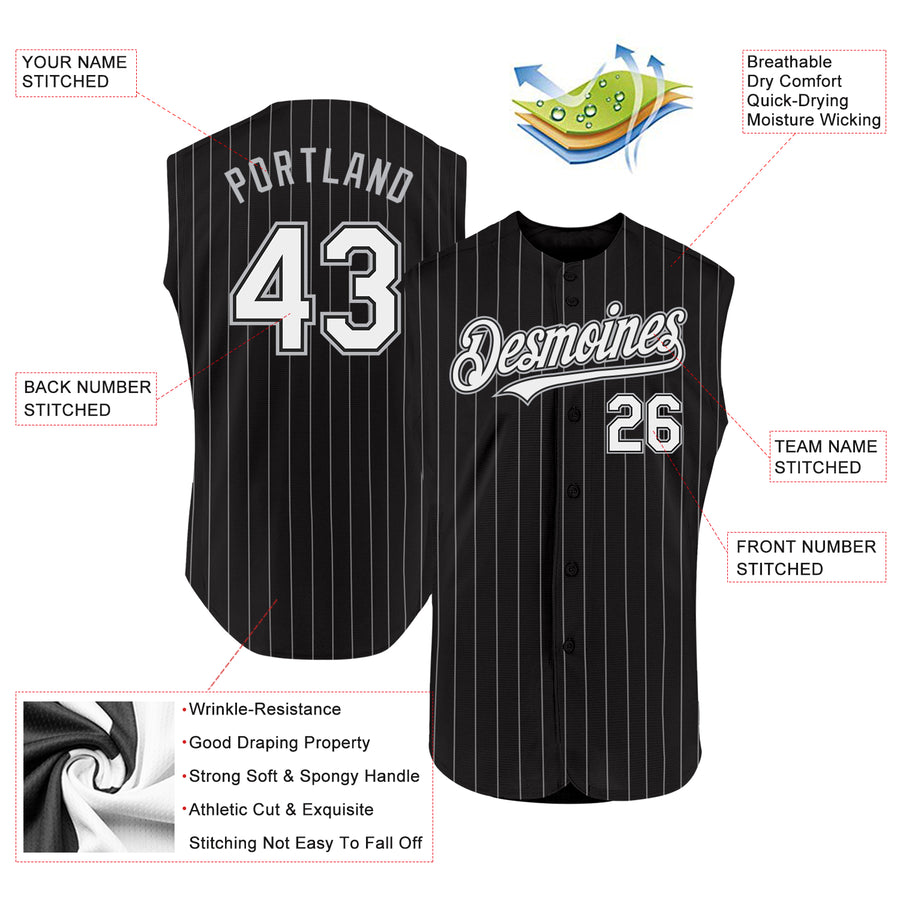 Custom Black White Pinstripe Gray Authentic Sleeveless Baseball Jersey
