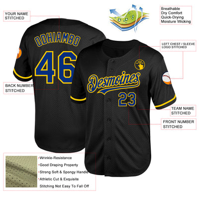 Custom Black Royal-Yellow Mesh Authentic Throwback Baseball Jersey