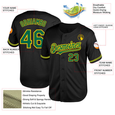 Custom Black Kelly Green-Yellow Mesh Authentic Throwback Baseball Jersey
