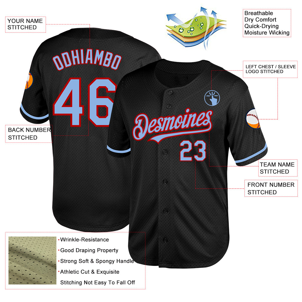 Custom Black Light Blue-Red Mesh Authentic Throwback Baseball Jersey