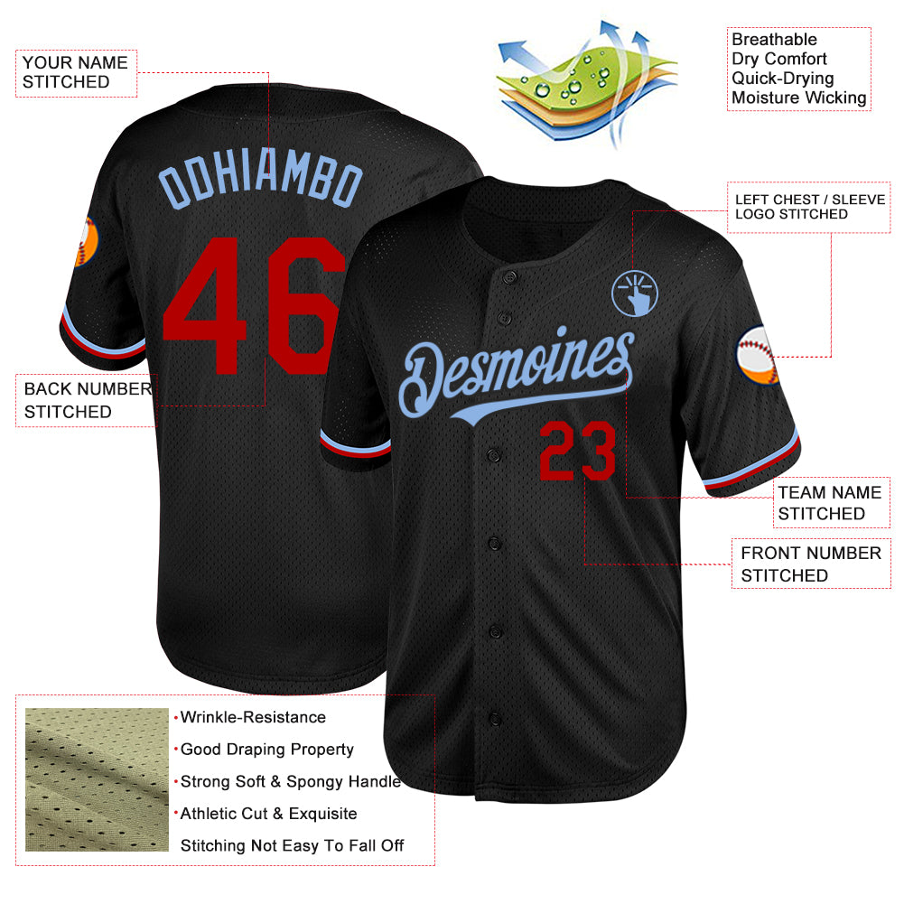 Custom Black Red-Light Blue Mesh Authentic Throwback Baseball Jersey