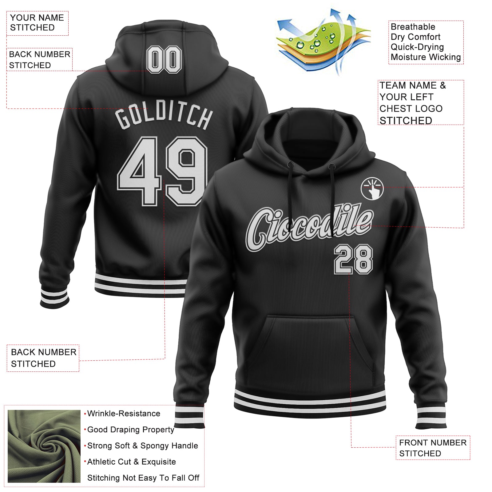 Custom Stitched Black White Sports Pullover Sweatshirt Hoodie