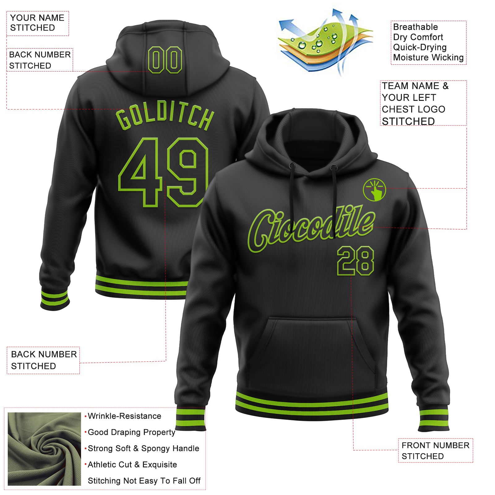 Custom Stitched Black Neon Green Sports Pullover Sweatshirt Hoodie