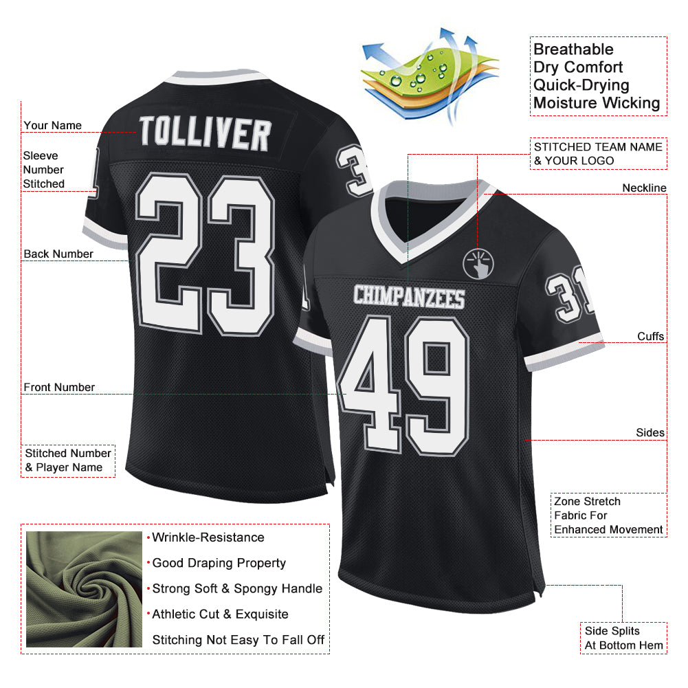 Custom Black White-Gray Mesh Authentic Throwback Football Jersey