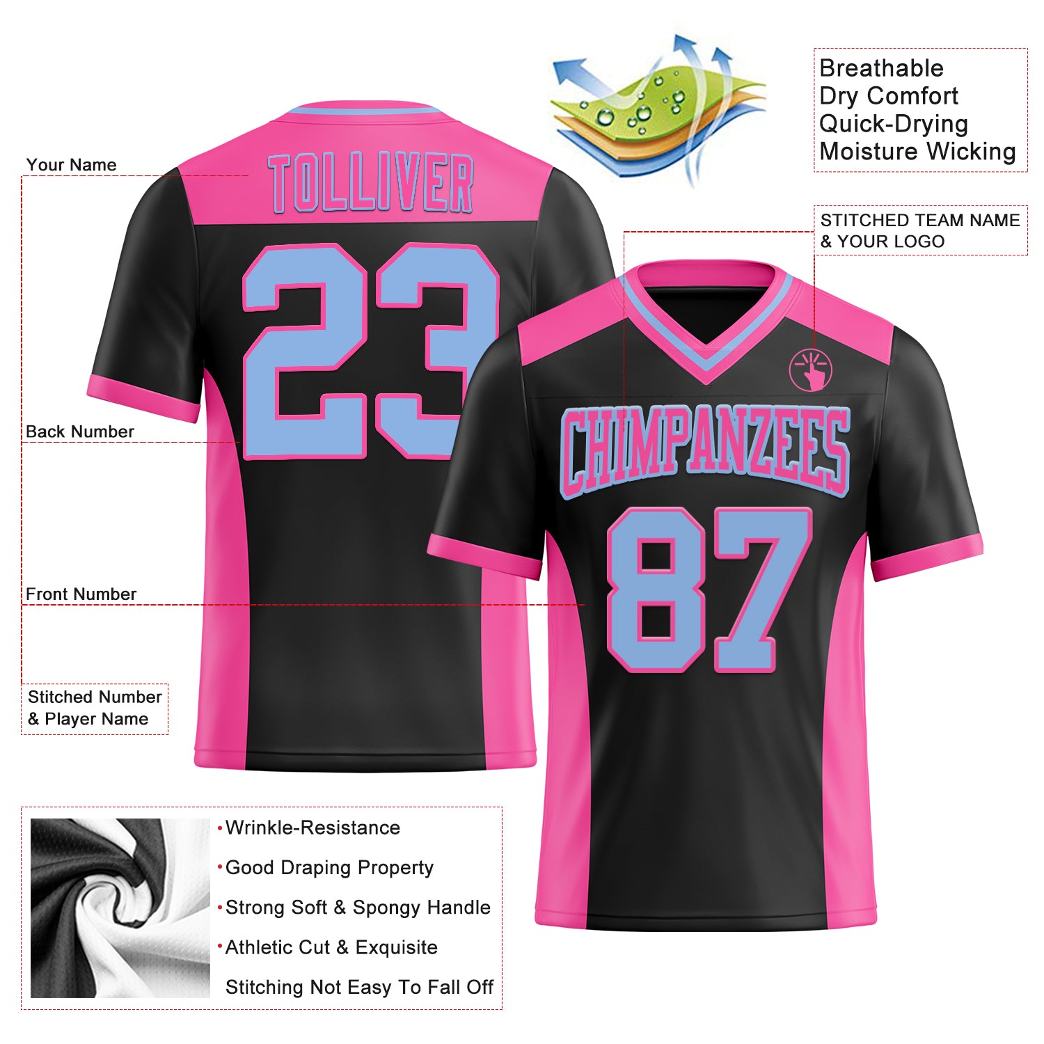 Custom Black Light Blue-Pink Authentic Football Jersey