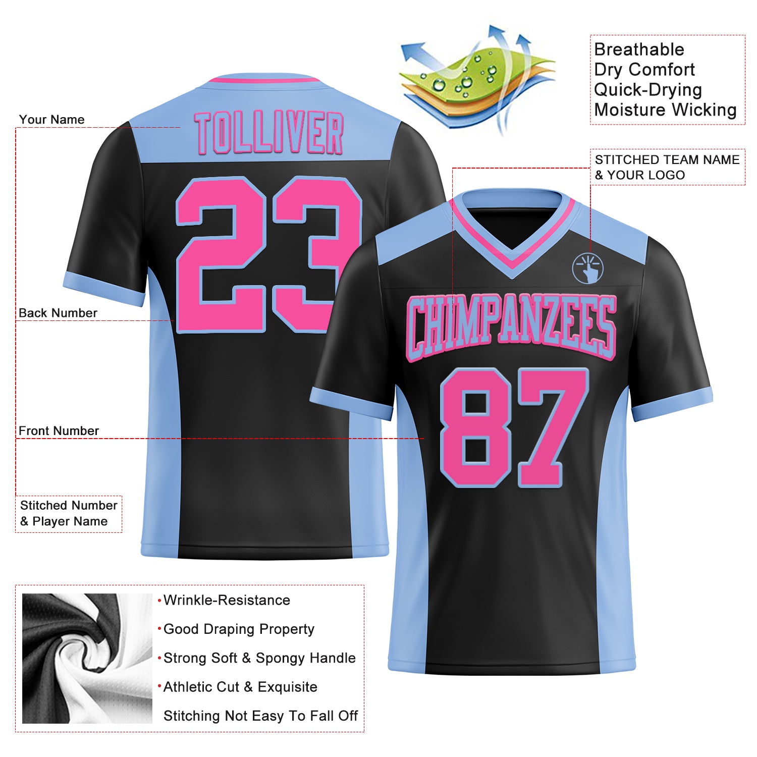 Custom Black Pink-Light Blue Authentic Football Jersey