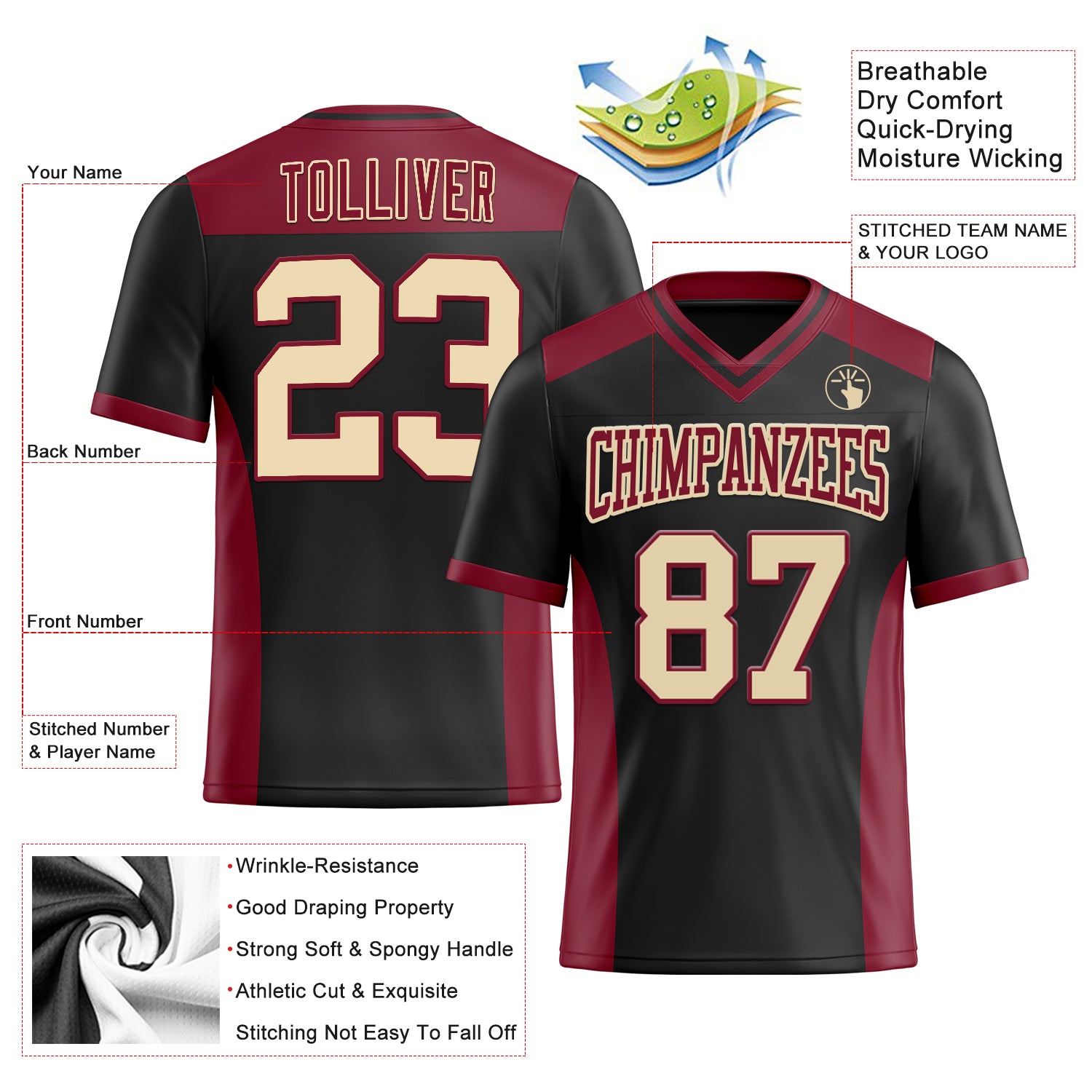 Custom Black Cream-Crimson Authentic Football Jersey