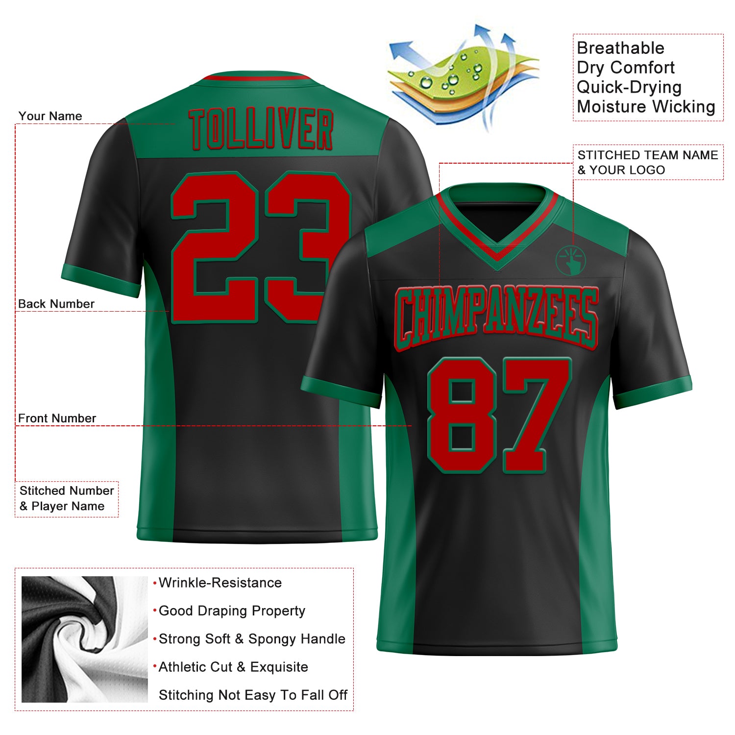 Custom Black Red-Kelly Green Authentic Football Jersey