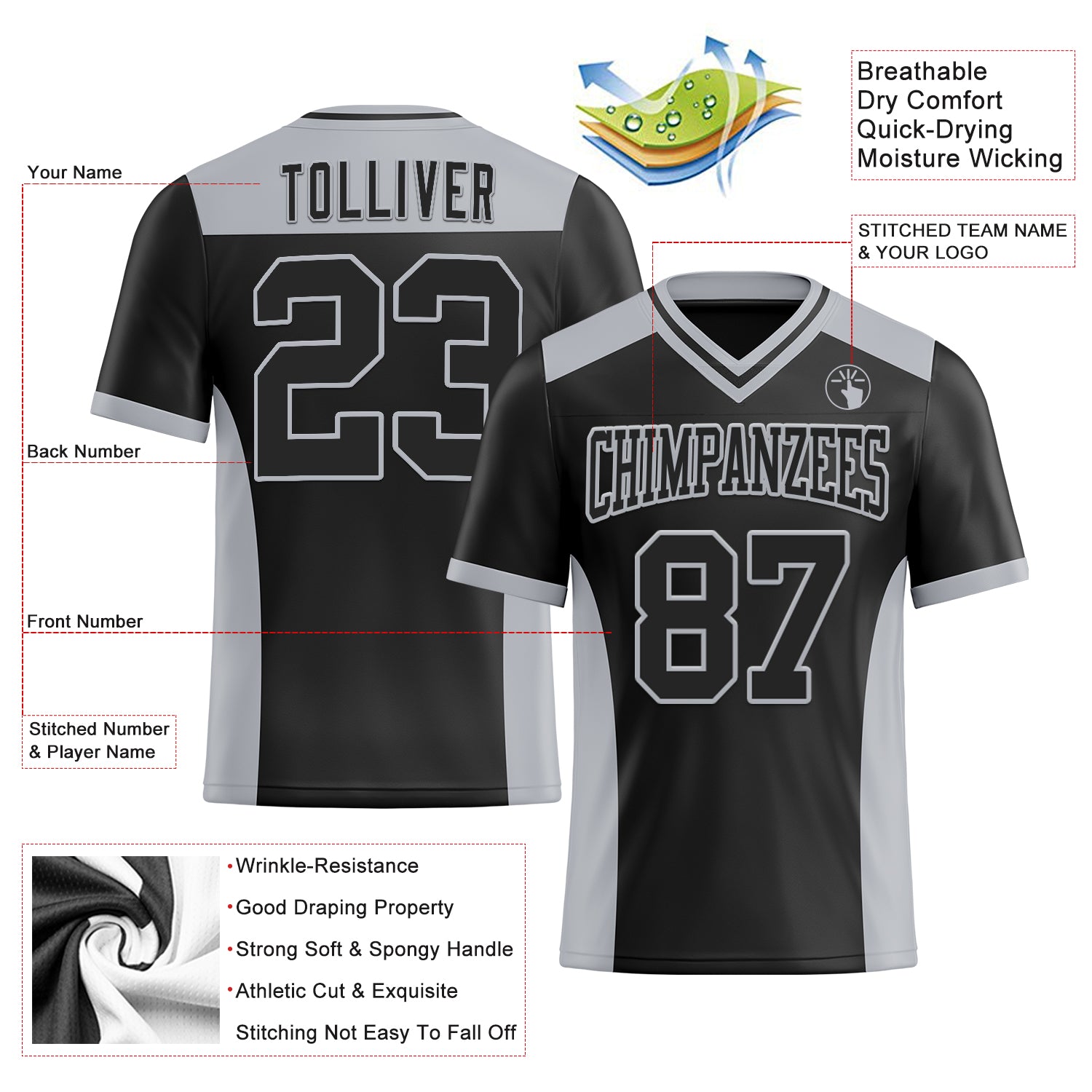 Custom Black Gray Authentic Football Jersey