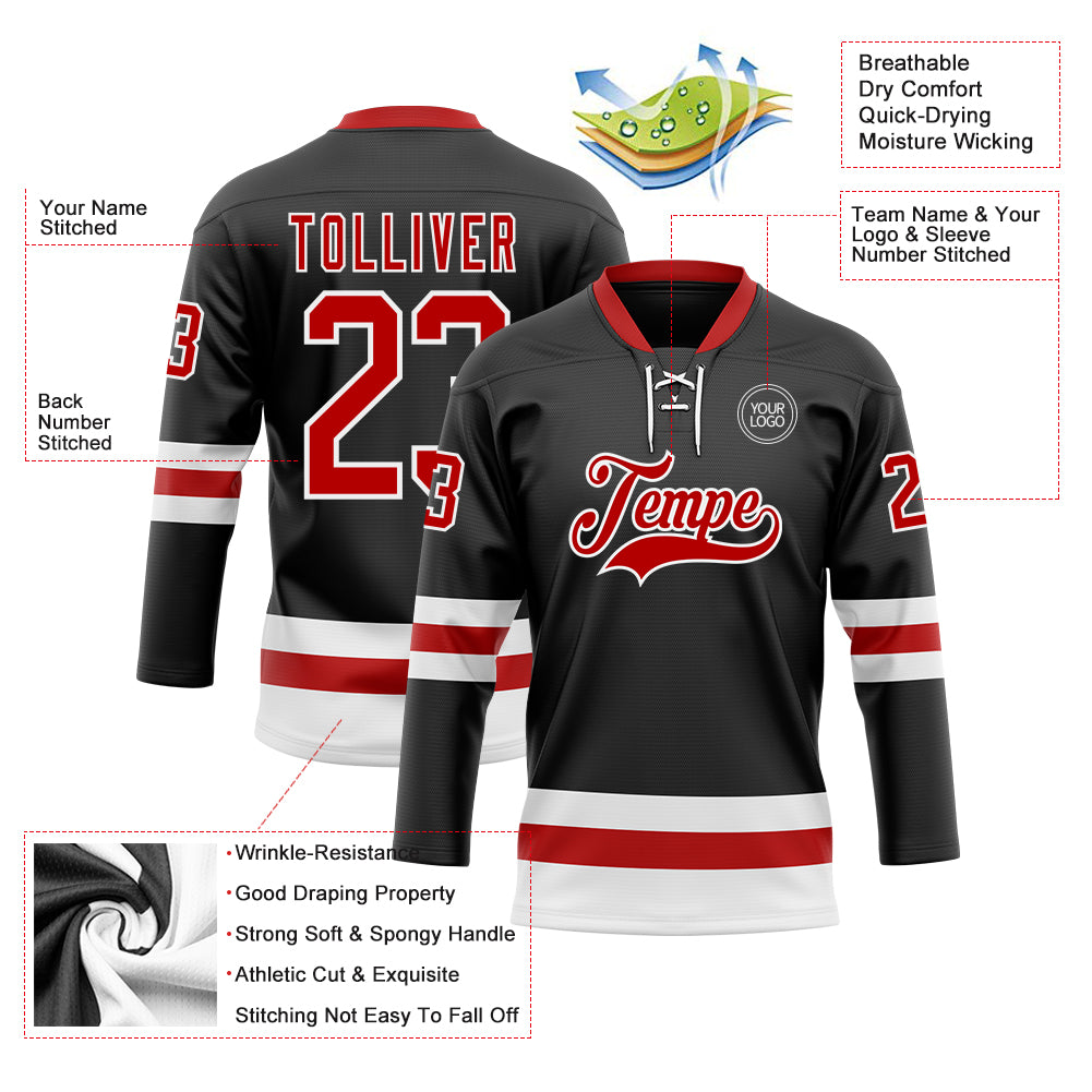 Custom Black Red-White Hockey Lace Neck Jersey