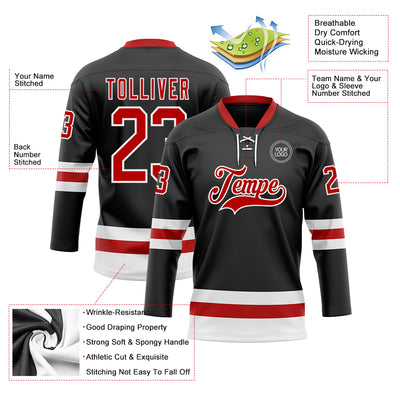 Custom Black Red-White Hockey Lace Neck Jersey