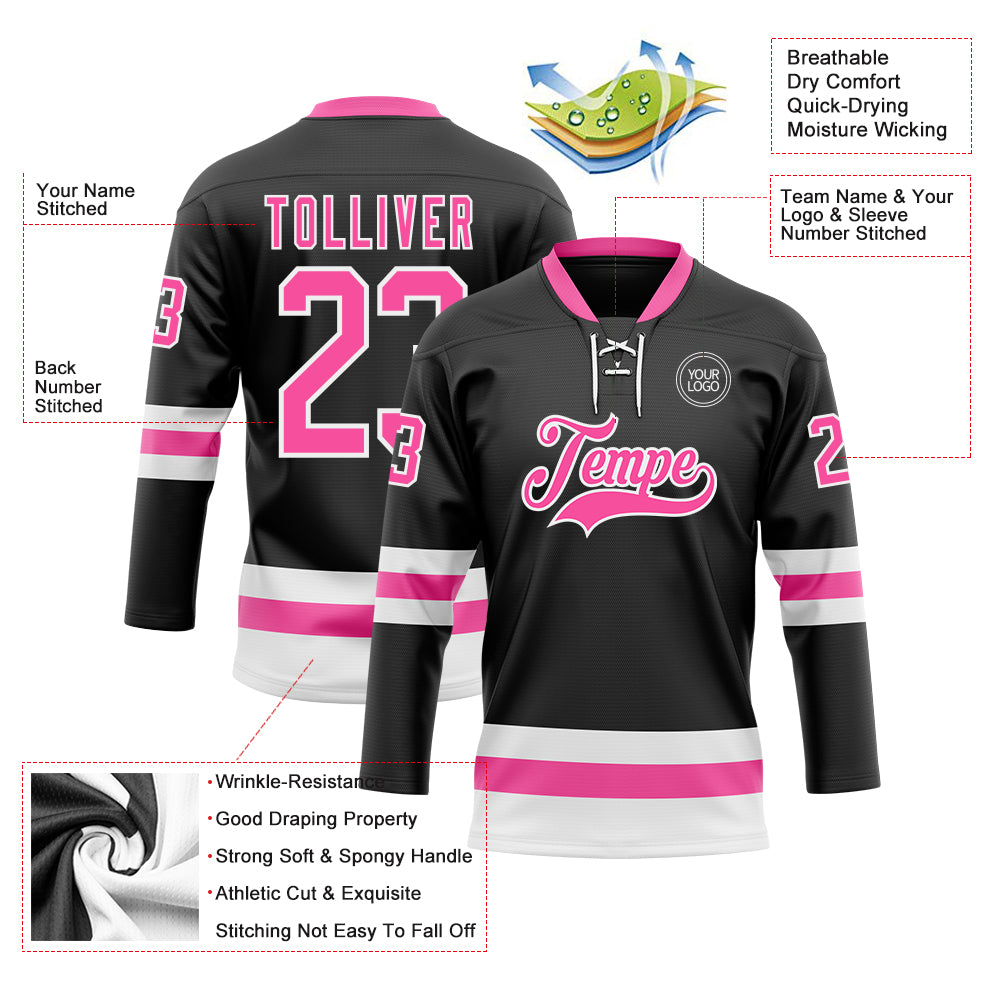 Custom Black Pink-White Hockey Lace Neck Jersey