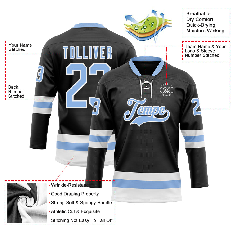 Custom Black Light Blue-White Hockey Lace Neck Jersey