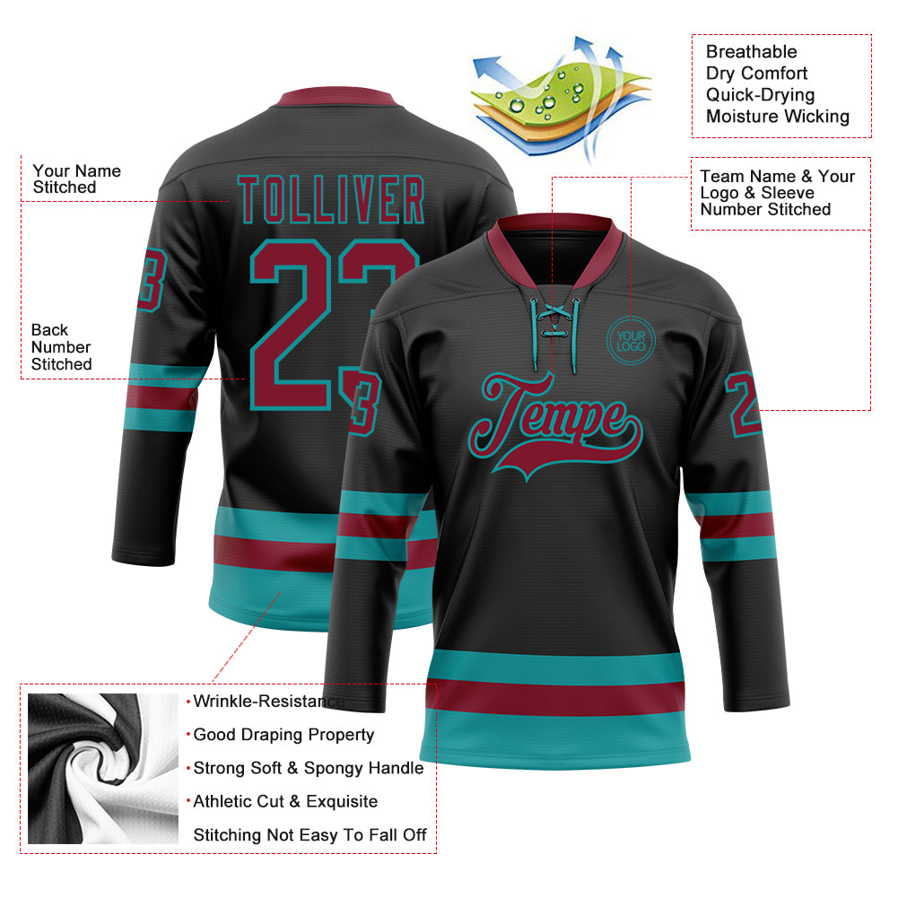 Custom Black Crimson-Teal Hockey Lace Neck Jersey