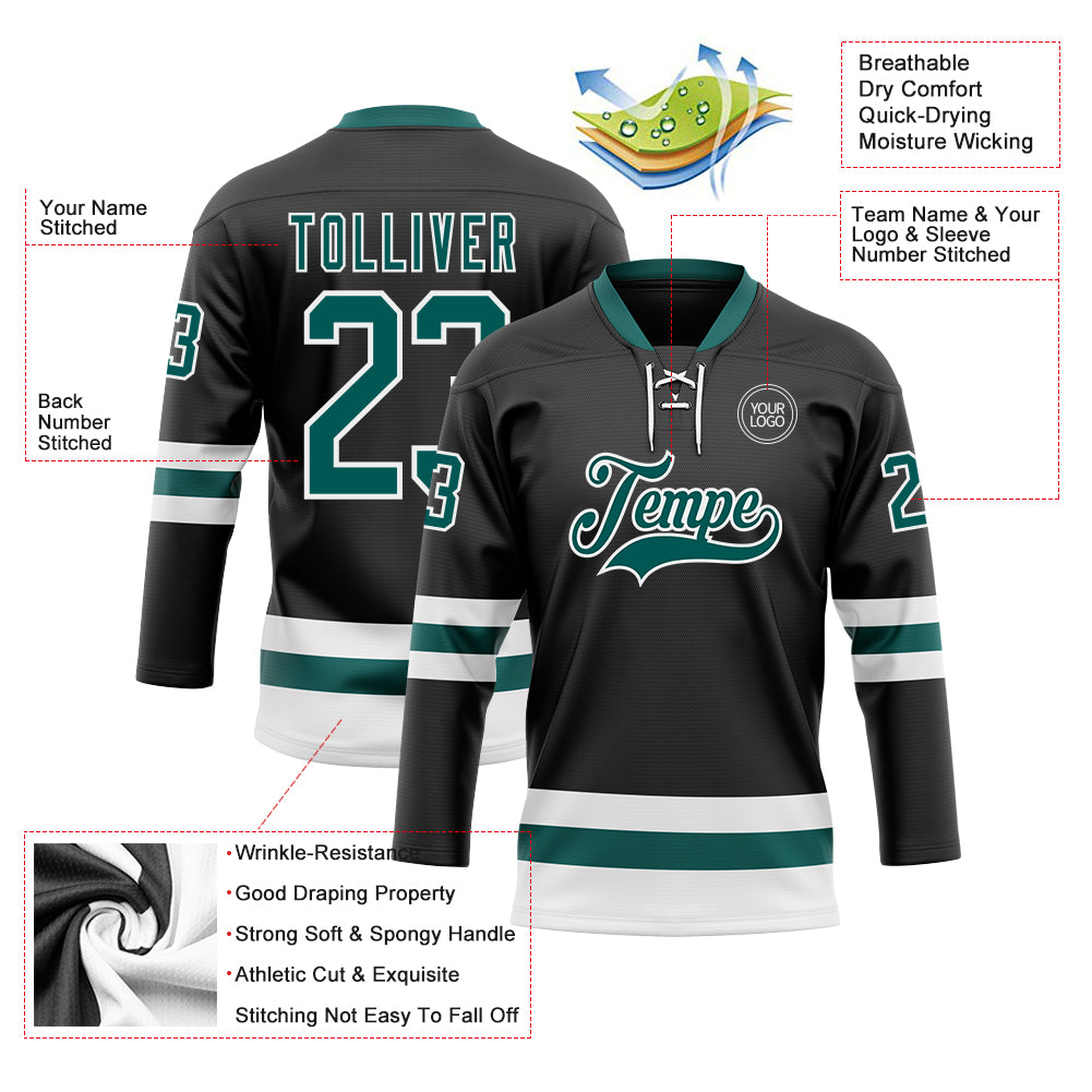 Custom Black Midnight Green-White Hockey Lace Neck Jersey