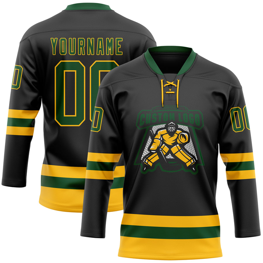 Custom Black Green-Gold Hockey Lace Neck Jersey