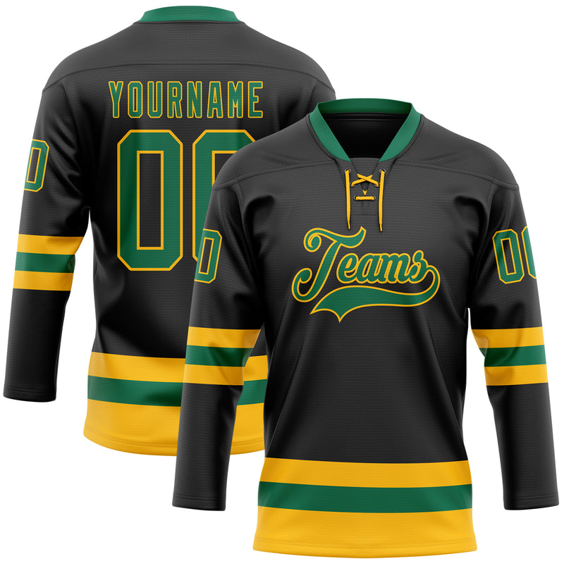 Custom Black Kelly GreenGold Hockey Lace Neck Jersey Discount FansIdea