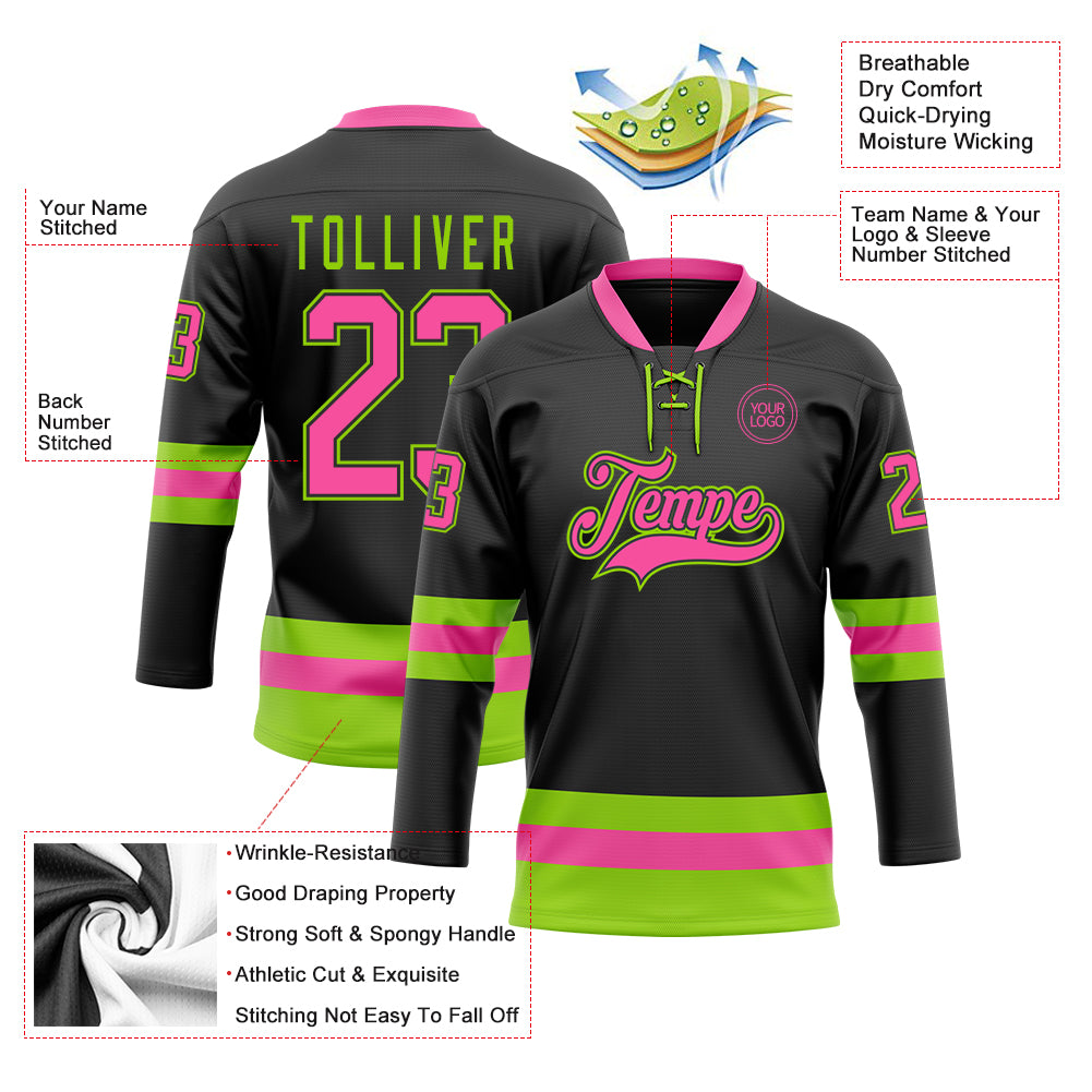 Custom Black Pink-Neon Green Hockey Lace Neck Jersey