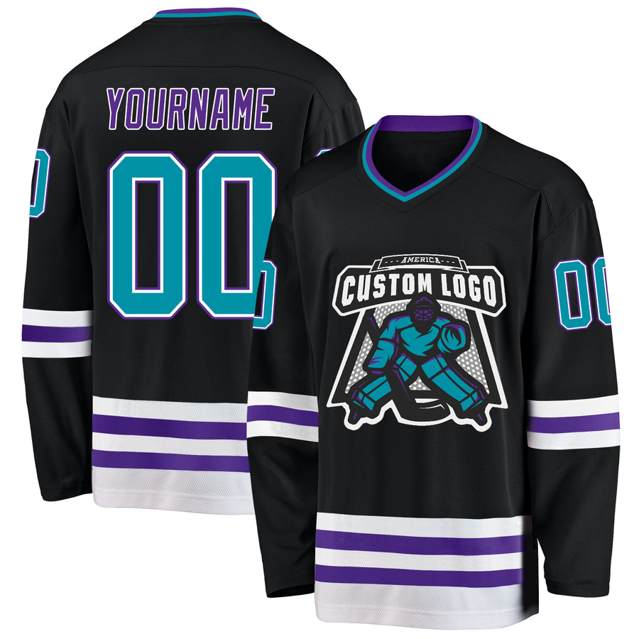 Custom Black Teal-Purple Hockey Jersey