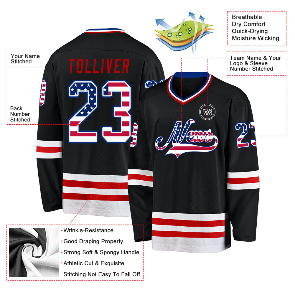 Custom Black USA Flag Royal-Red Hockey Jersey