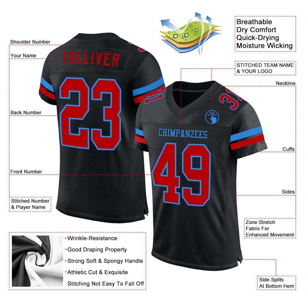 Custom Black Red-Powder Blue Mesh Authentic Football Jersey