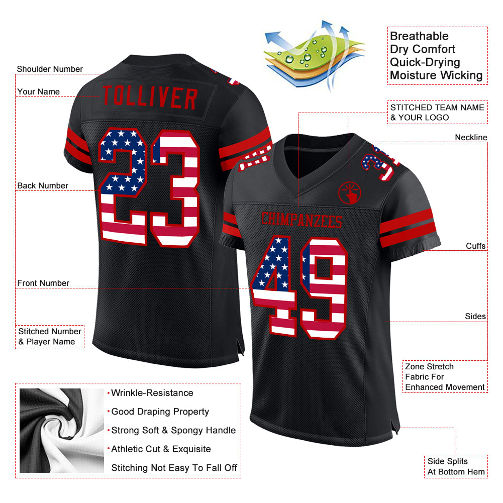 Custom Black USA Flag-Red Mesh Authentic Football Jersey