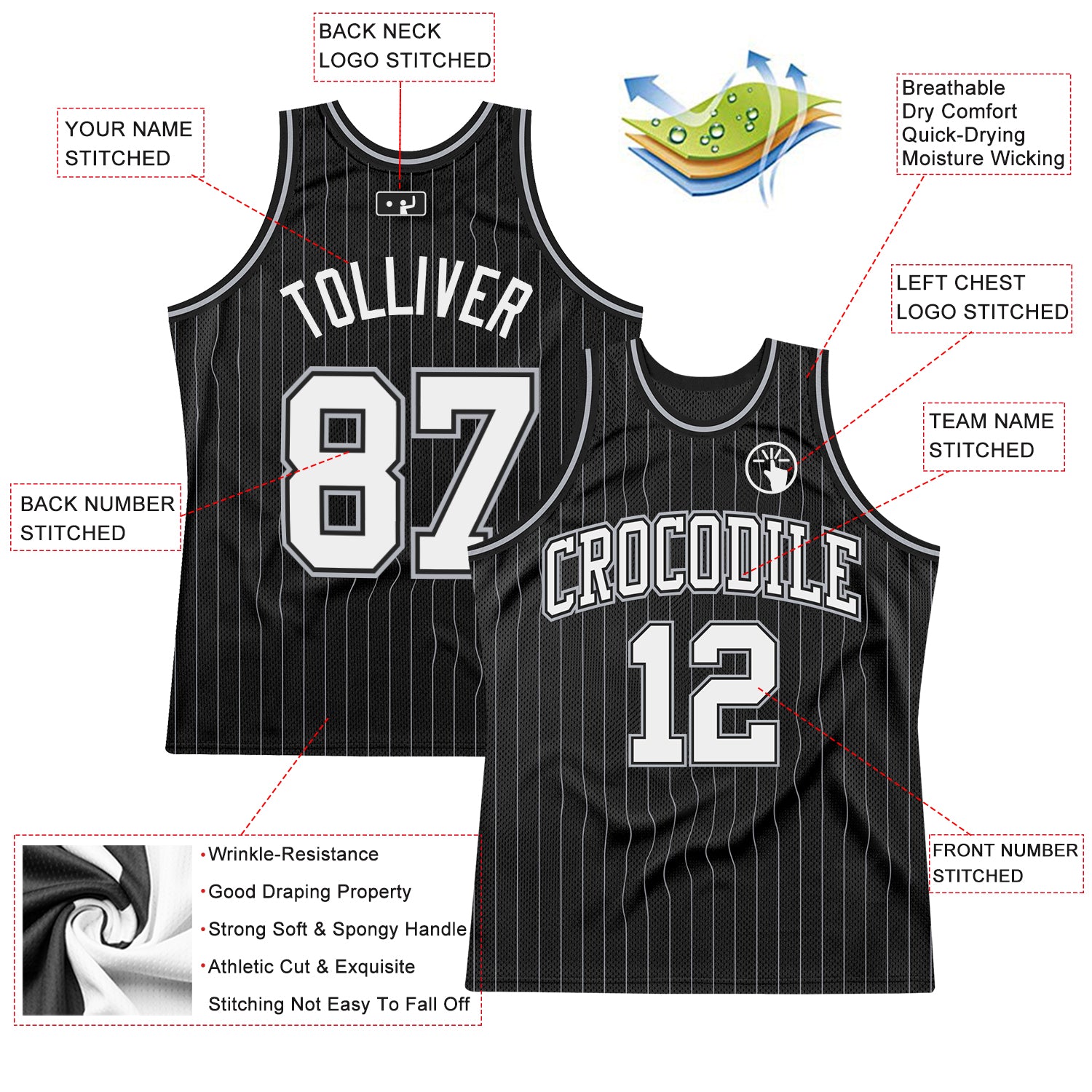 Custom Black Gray Pinstripe White Authentic Basketball Jersey