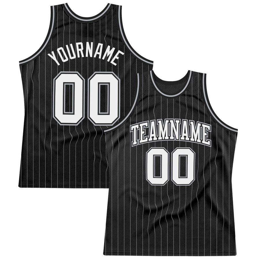 Custom Black Gray Pinstripe White Authentic Basketball Jersey