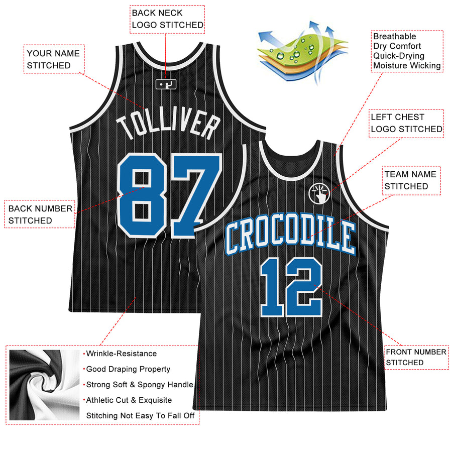 Custom Black White Pinstripe Blue Authentic Basketball Jersey