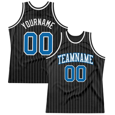 Custom Black White Pinstripe Blue Authentic Basketball Jersey