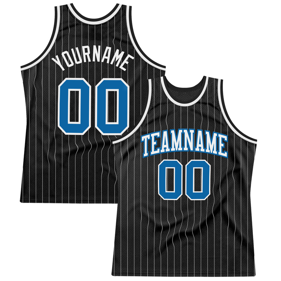 Custom Black White Pinstripe Blue Authentic Basketball Jersey