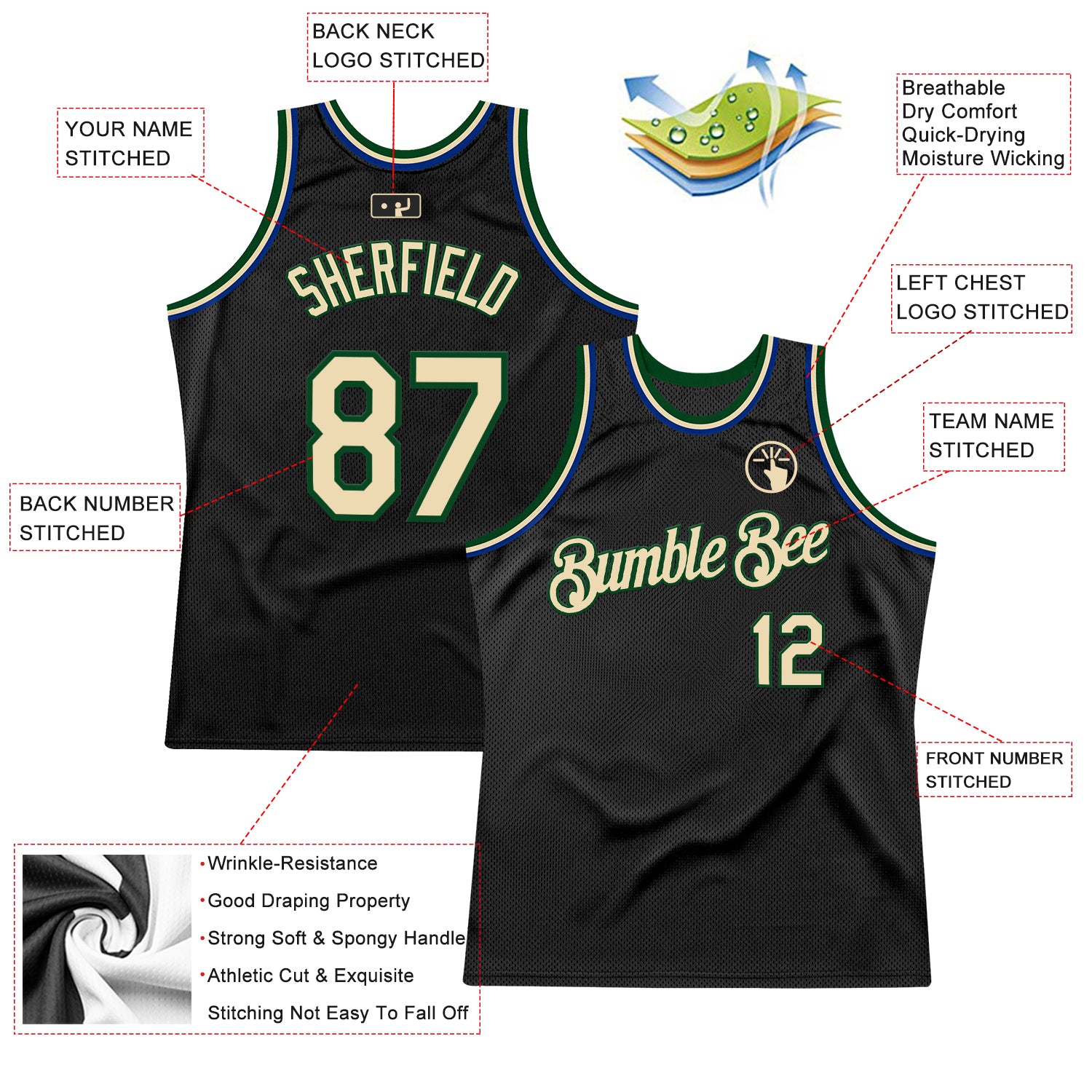 Custom Black Cream Green-Royal Authentic Throwback Basketball Jersey