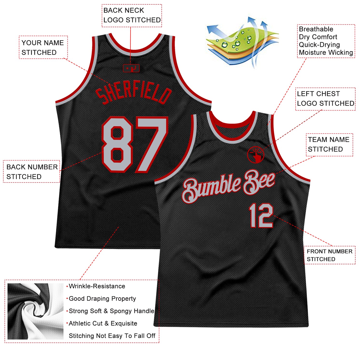 Custom Black Gray-Red Authentic Throwback Basketball Jersey